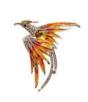 Брошь "Птица феникс" (бело-жёлтая в золоте)